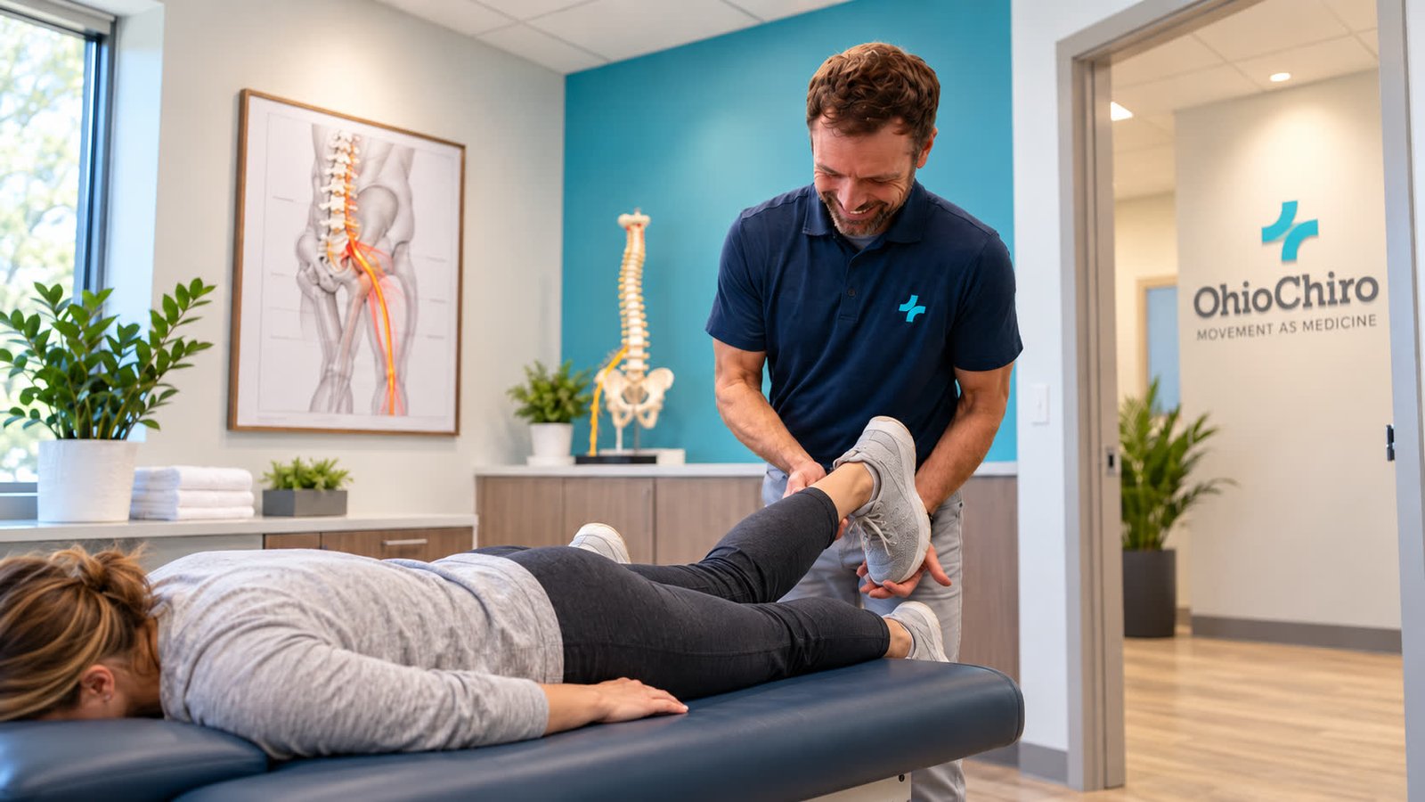 Chiropractor checking a patient's leg on the treatment table at OhioChiro